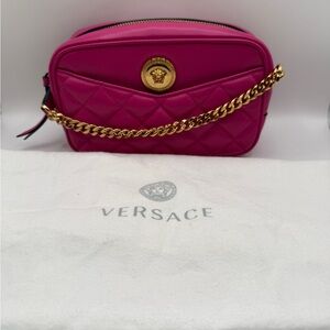 Versace Hot Pink Quilted Leather Crossbody with Gold Medallion Chain